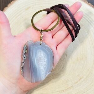 Crunchy Diva Designs Botswana‎ Agate stone Necklace Natural leather brass 41"L